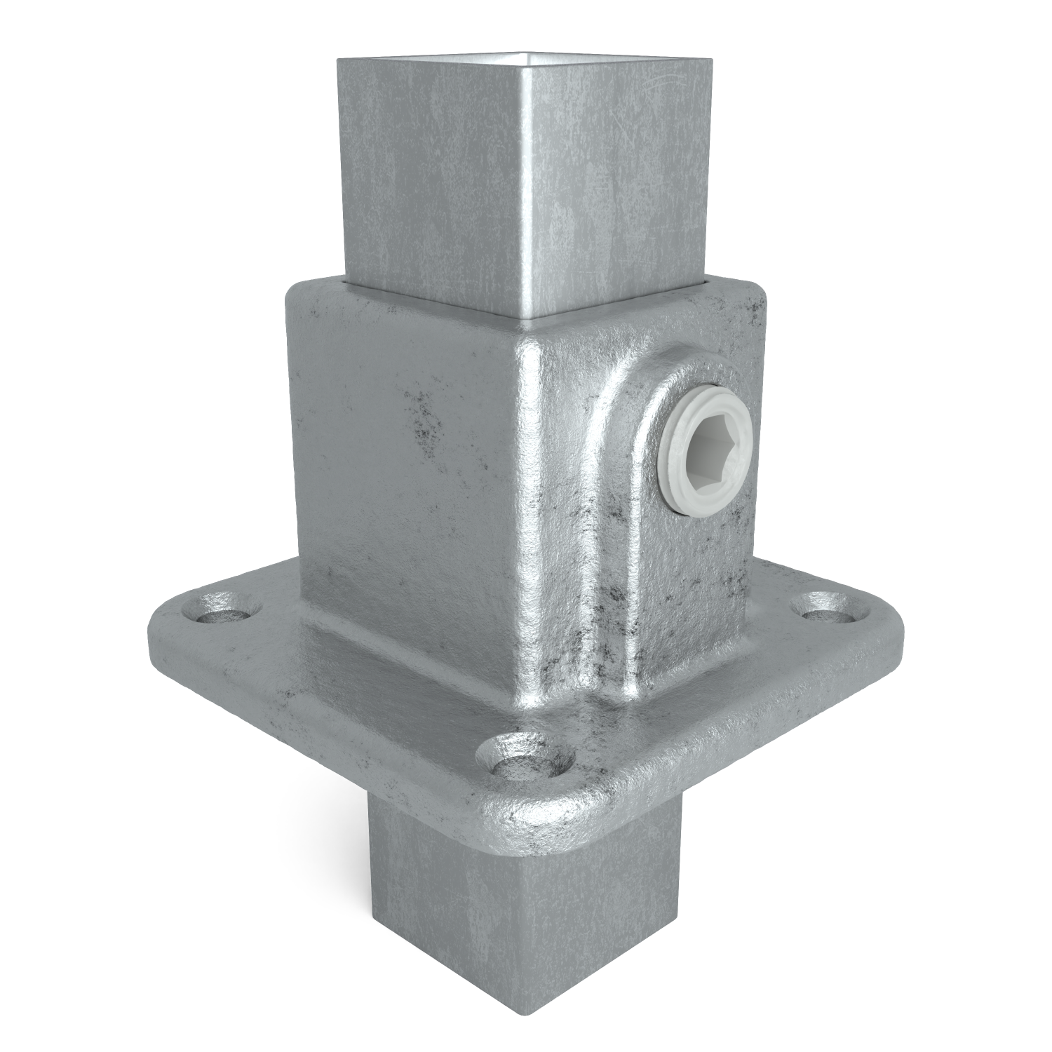 Rohrverbinder Fußplatte quadratisch 25 mm quadratisch - Schrägansicht mit Rohren (Rohr-verbinder.de)