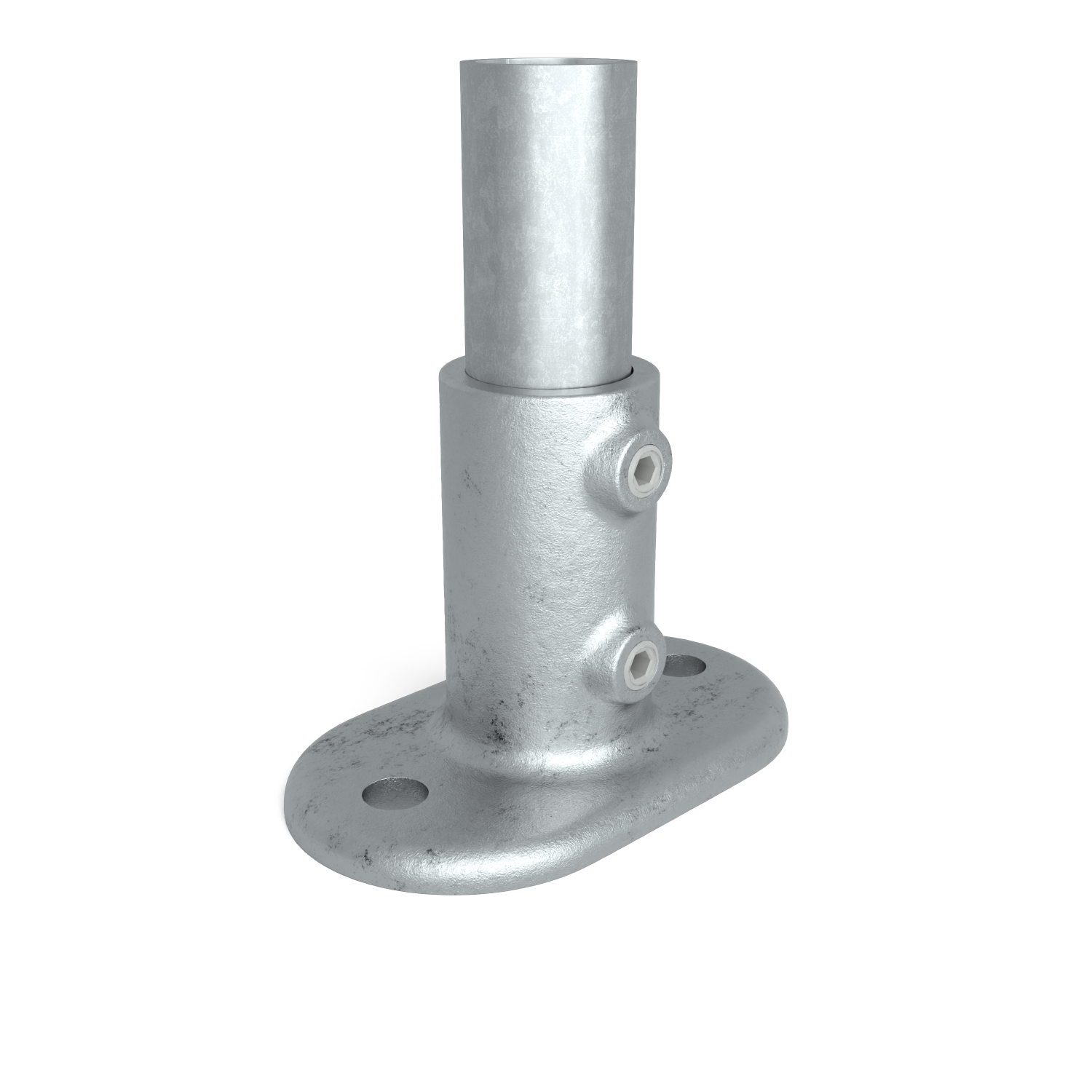 Rohrverbinder Fußplatte oval 26,9 mm - Schrägansicht mit Rohren (Rohr-verbinder.de)