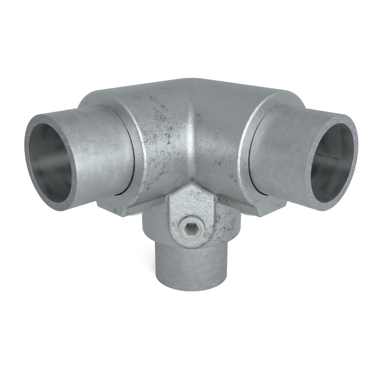 Rohrverbinder Dreiweg-Eckstück 90º 48,3 mm - Vorderansicht mit Rohren (Rohr-verbinder.de)