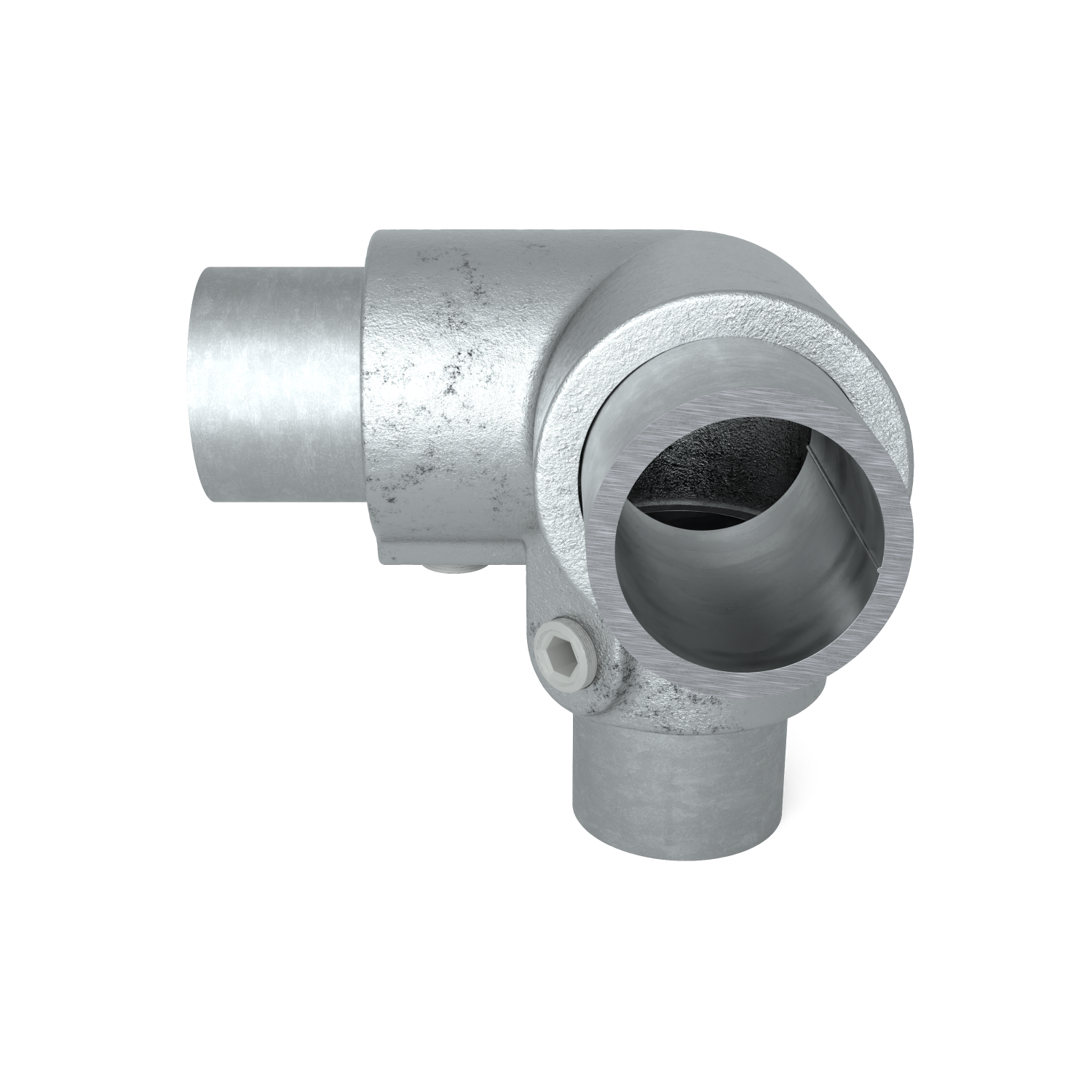 Rohrverbinder Dreiweg-Eckstück 90º 48,3 mm - Schrägansicht mit Rohren (Rohr-verbinder.de)