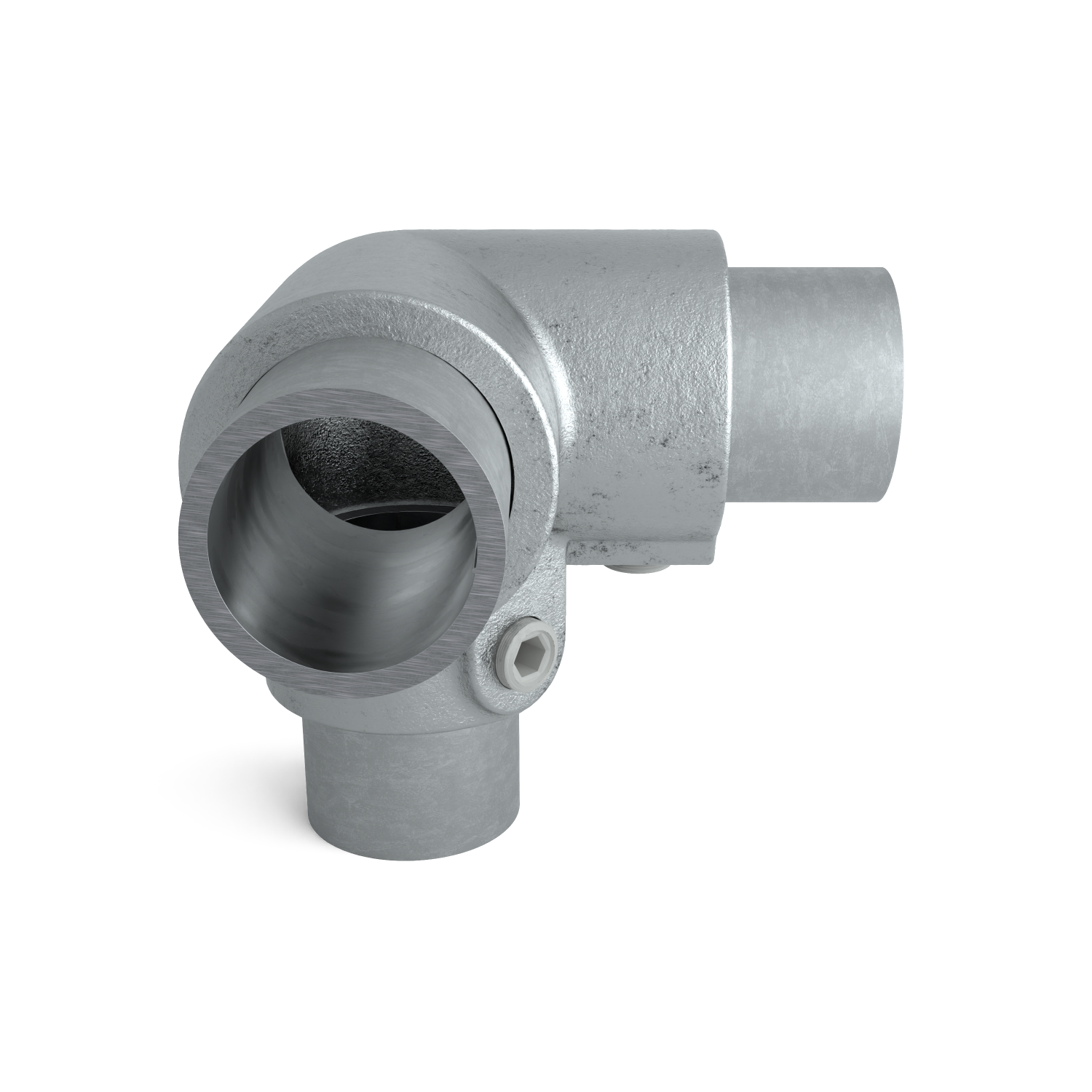 Rohrverbinder Dreiweg-Eckstück 90º 48,3 mm - Seitenansicht mit Rohren (Rohr-verbinder.de)