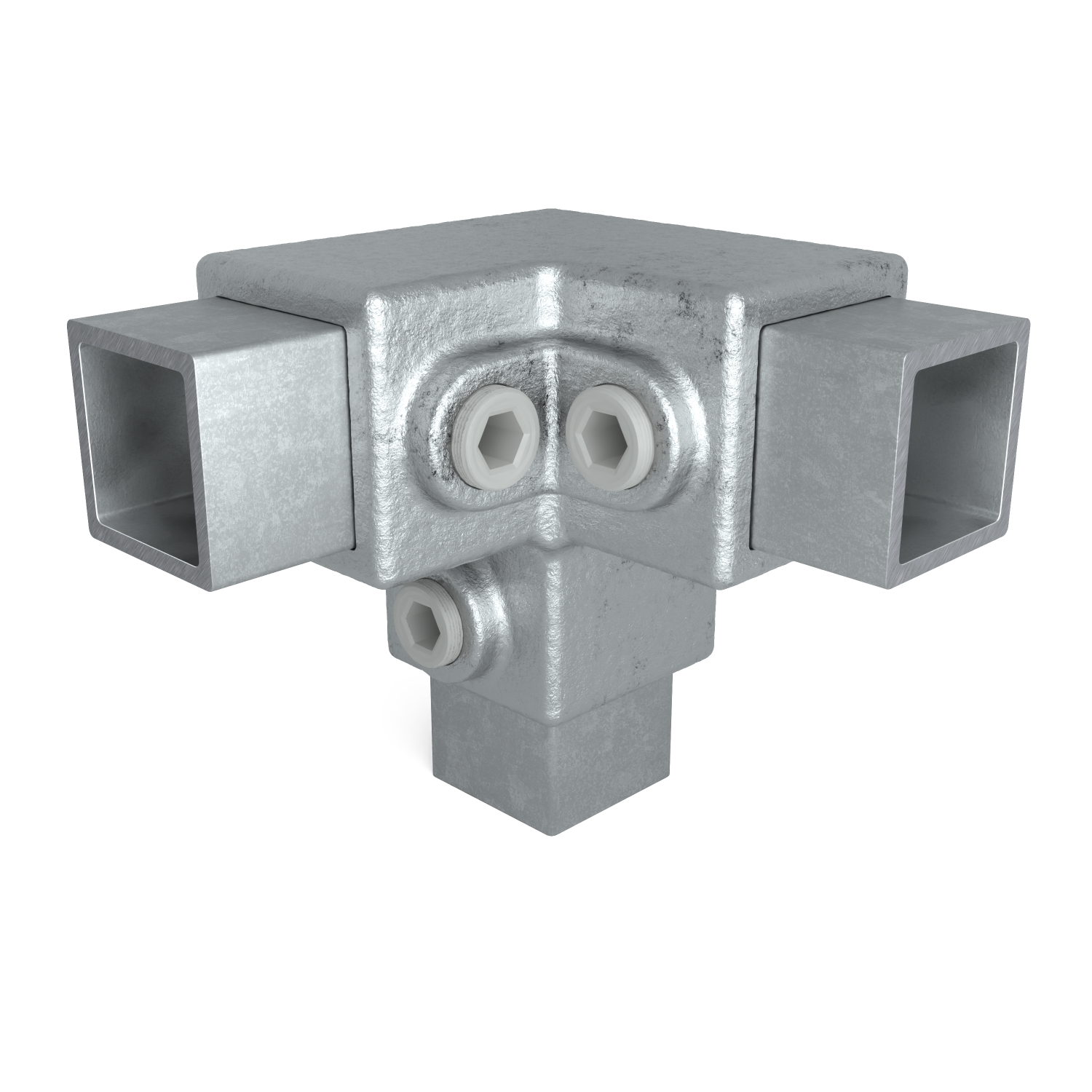 Rohrverbinder Dreiweg-Eckstück 90º 25 mm quadratisch - Vorderansicht mit Rohren (Rohr-verbinder.de)