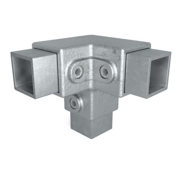 Rohrverbinder Dreiweg-Eckstück 90º 40 mm quadratisch - Vorderansicht mit Rohren (Rohr-verbinder.de)