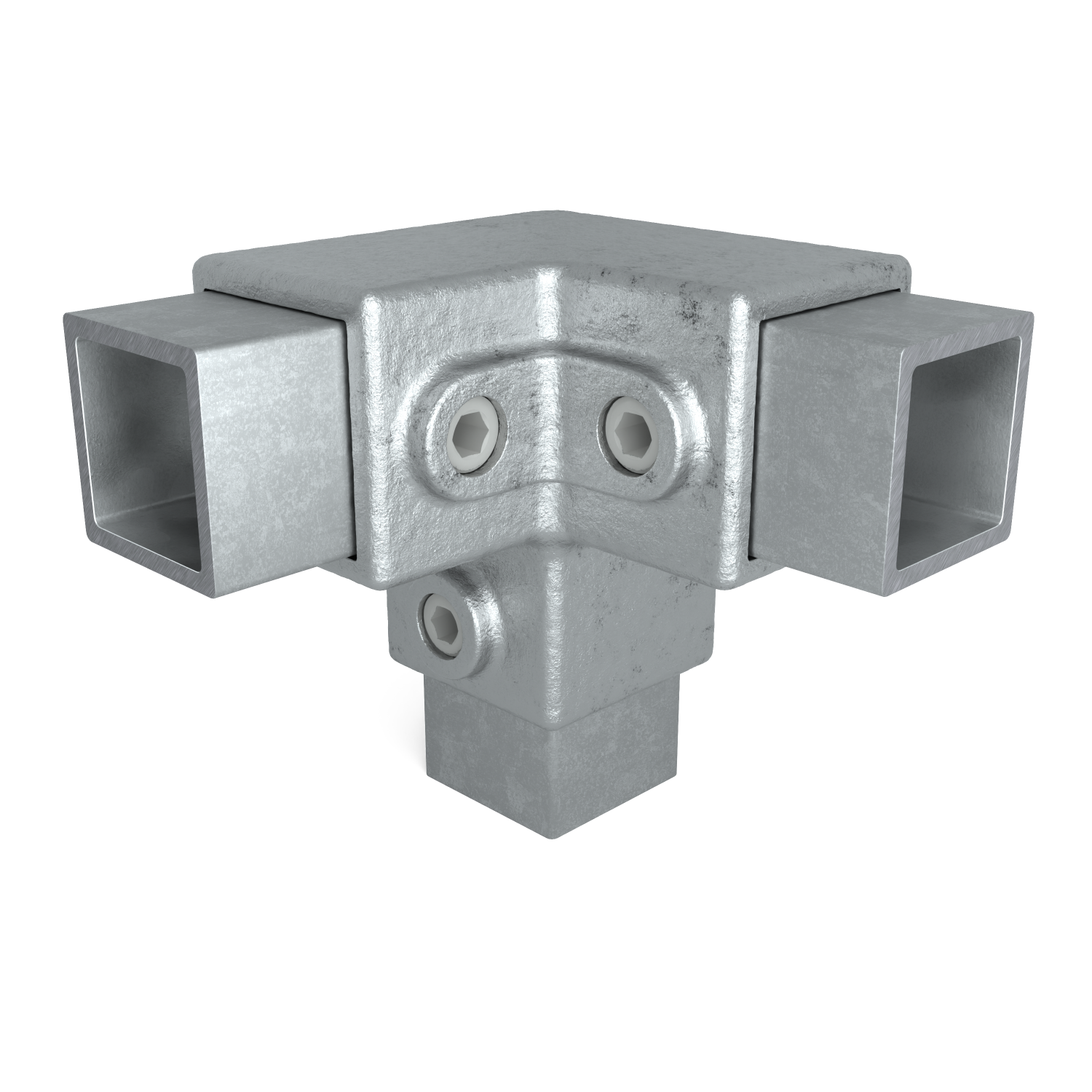Rohrverbinder Dreiweg-Eckstück 90º 40 mm quadratisch - Vorderansicht mit Rohren (Rohr-verbinder.de)