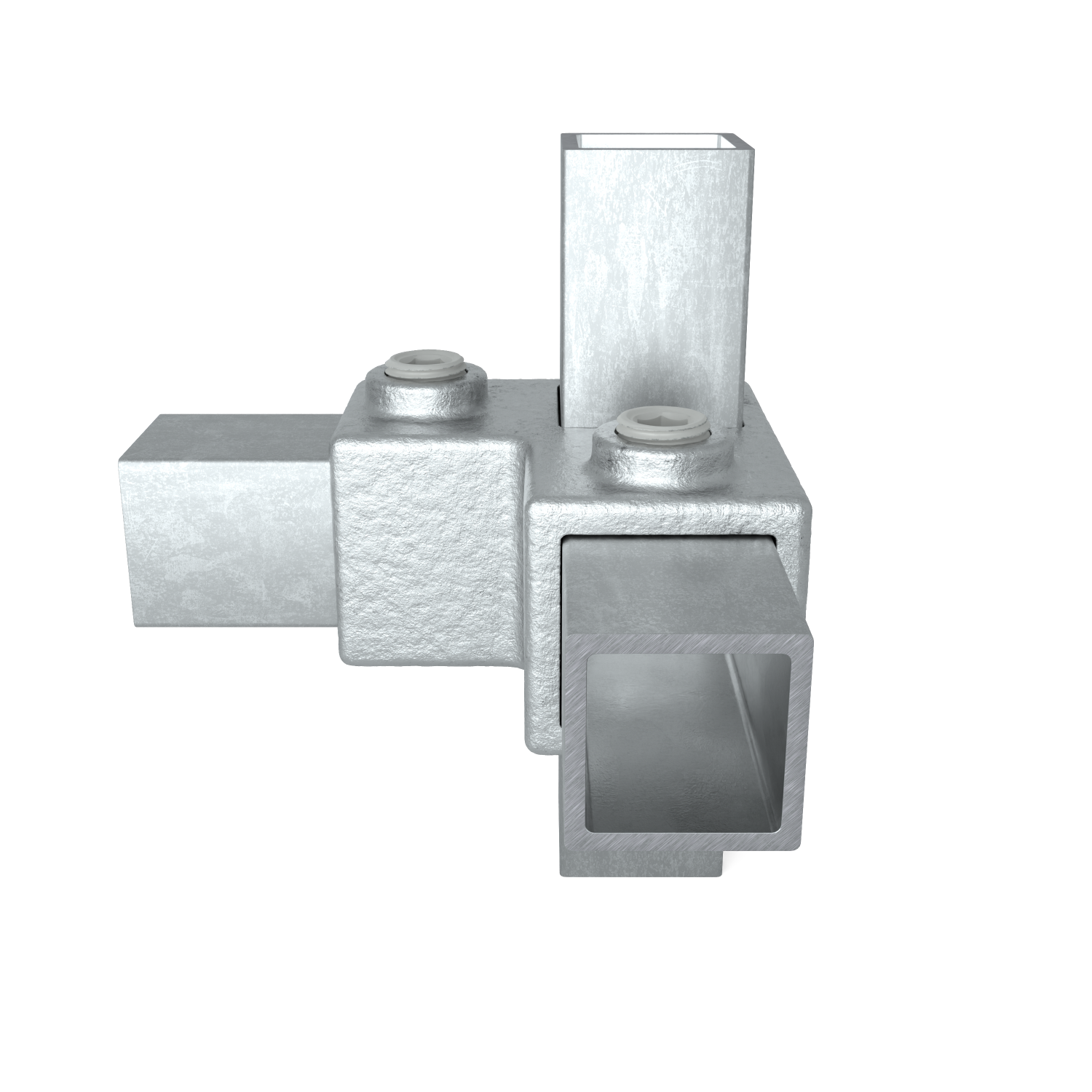 Rohrverbinder Eckstück 90º 25 mm quadratisch - Schrägansicht mit Rohren (Rohr-verbinder.de)