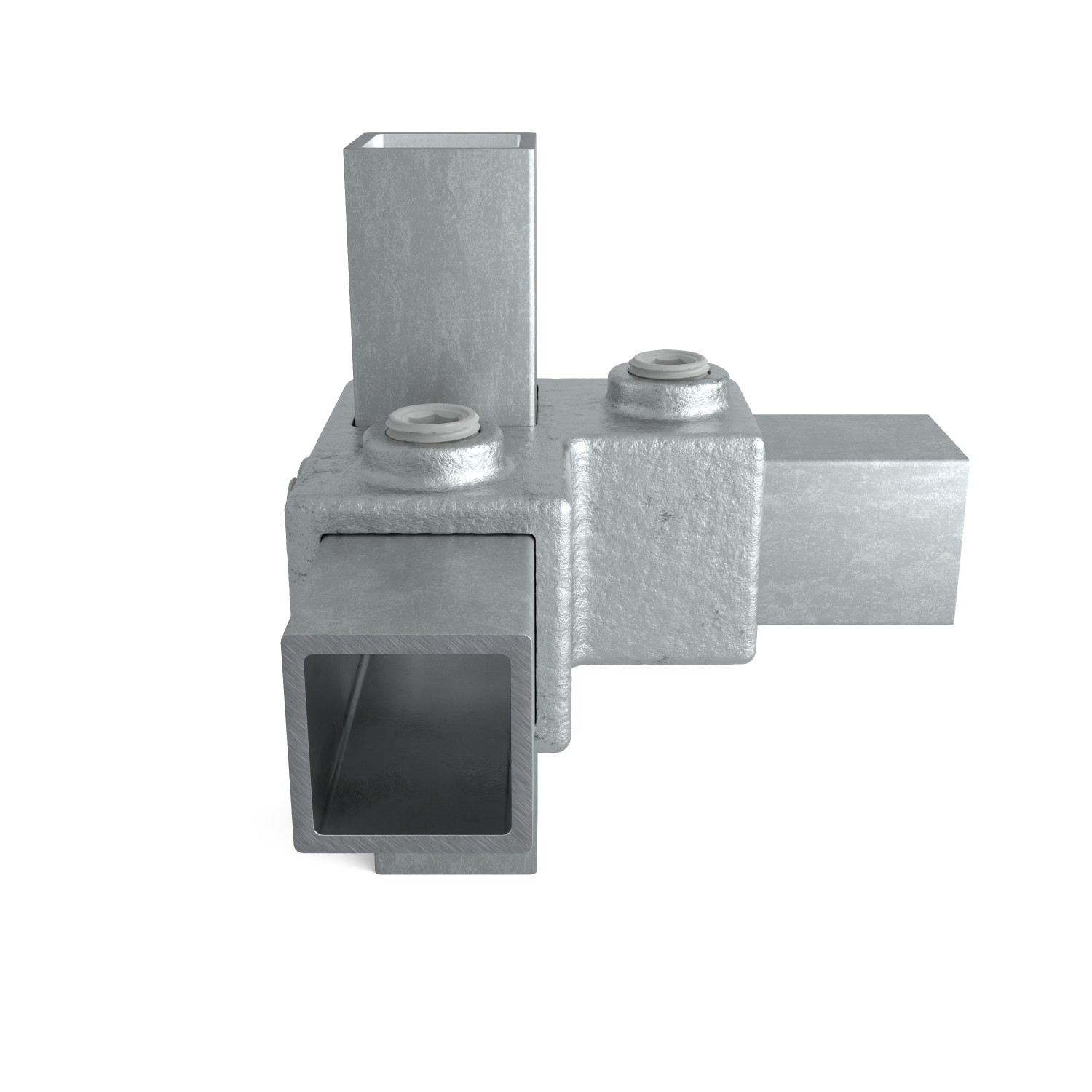 Rohrverbinder Eckstück 90º 25 mm quadratisch - Seitenansicht mit Rohren (Rohr-verbinder.de)