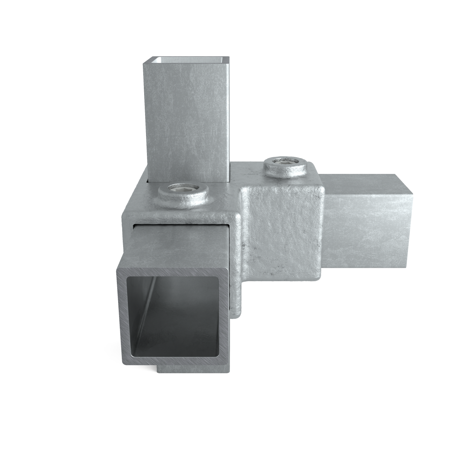 Rohrverbinder Eckstück 90º 40 mm quadratisch - Schrägansicht mit Rohren (Rohr-verbinder.de)
