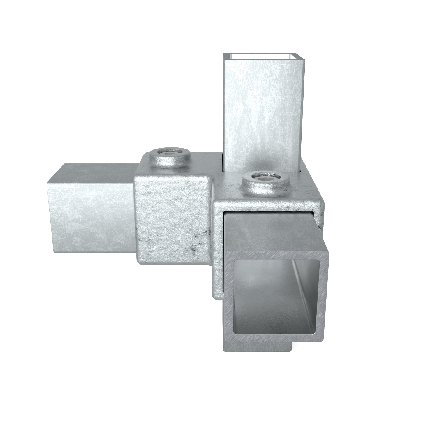 Rohrverbinder Eckstück 90º 40 mm quadratisch - Seitenansicht mit Rohren (Rohr-verbinder.de)