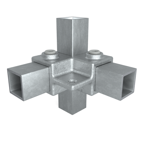 Rohrverbinder Eckstück 90º mit Befestigungsplatte 25 mm quadratisch - Vorderansicht mit Rohren (Rohr-verbinder.de)