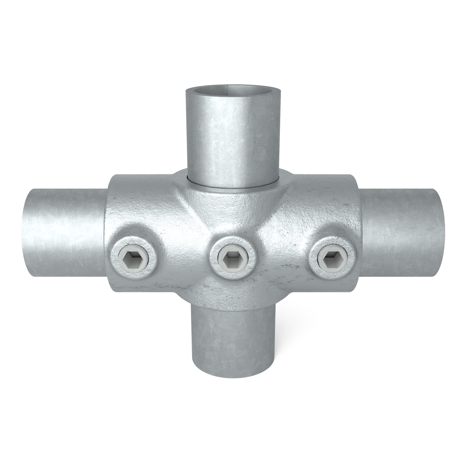 Rohrverbinder Kreuzstück in 1 Ebene 48,3 mm - Vorderansicht mit Rohren (Rohr-verbinder.de)