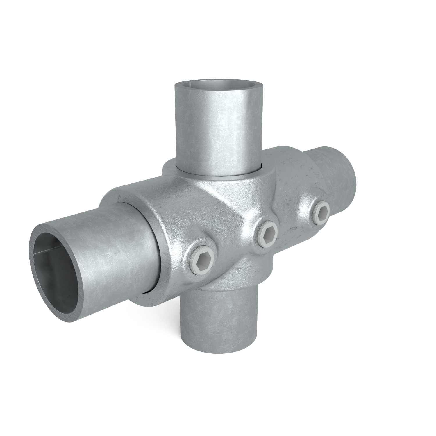 Rohrverbinder Kreuzstück in 1 Ebene 48,3 mm - Schrägansicht mit Rohren (Rohr-verbinder.de)