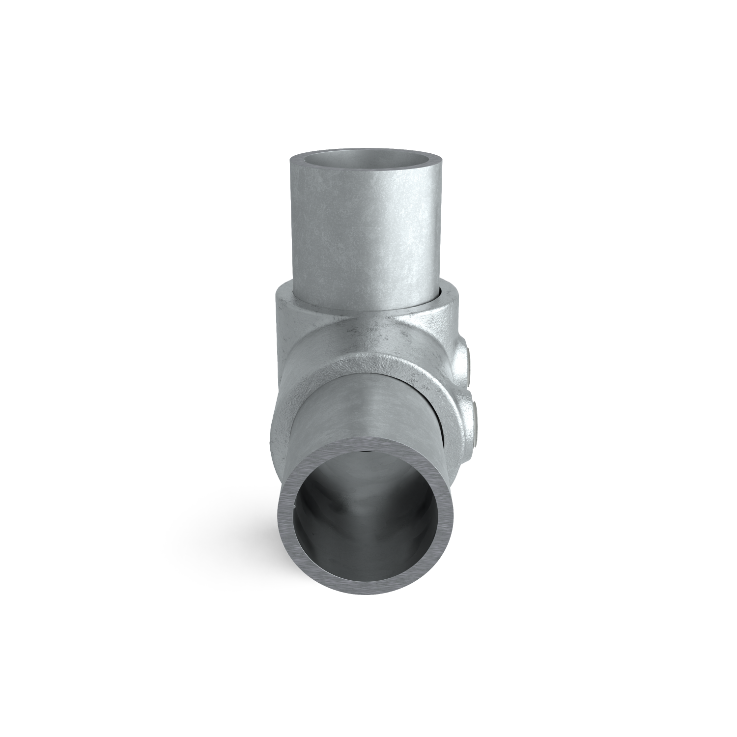 Rohrverbinder Kreuzstück in 1 Ebene Kombinationsmaß 48,3 mm - 42,4 mm - Seitenansicht mit Rohren (Rohr-verbinder.de)