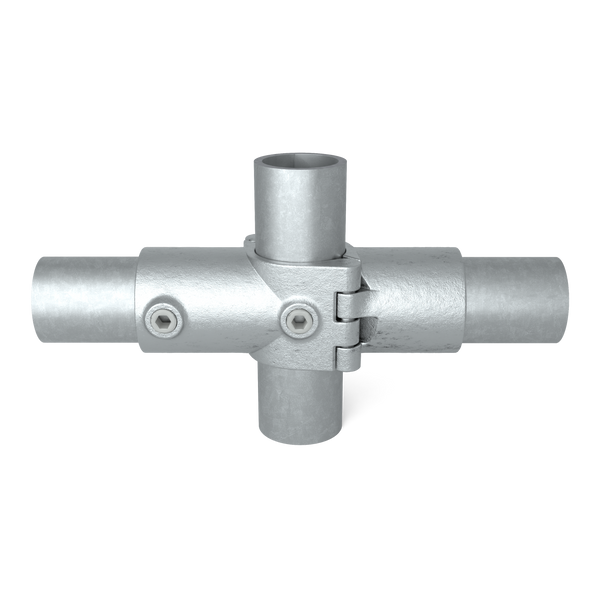 Rohrverbinder Kreuzstück in 1 Ebene offen klappbar 48,3 mm - Vorderansicht mit Rohren (Rohr-verbinder.de)