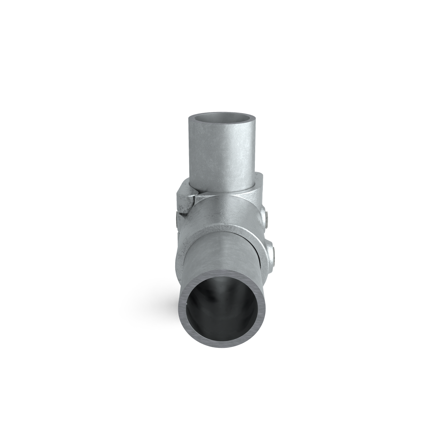 Rohrverbinder Kreuzstück in 1 Ebene offen klappbar 48,3 mm - Seitenansicht mit Rohren (Rohr-verbinder.de)