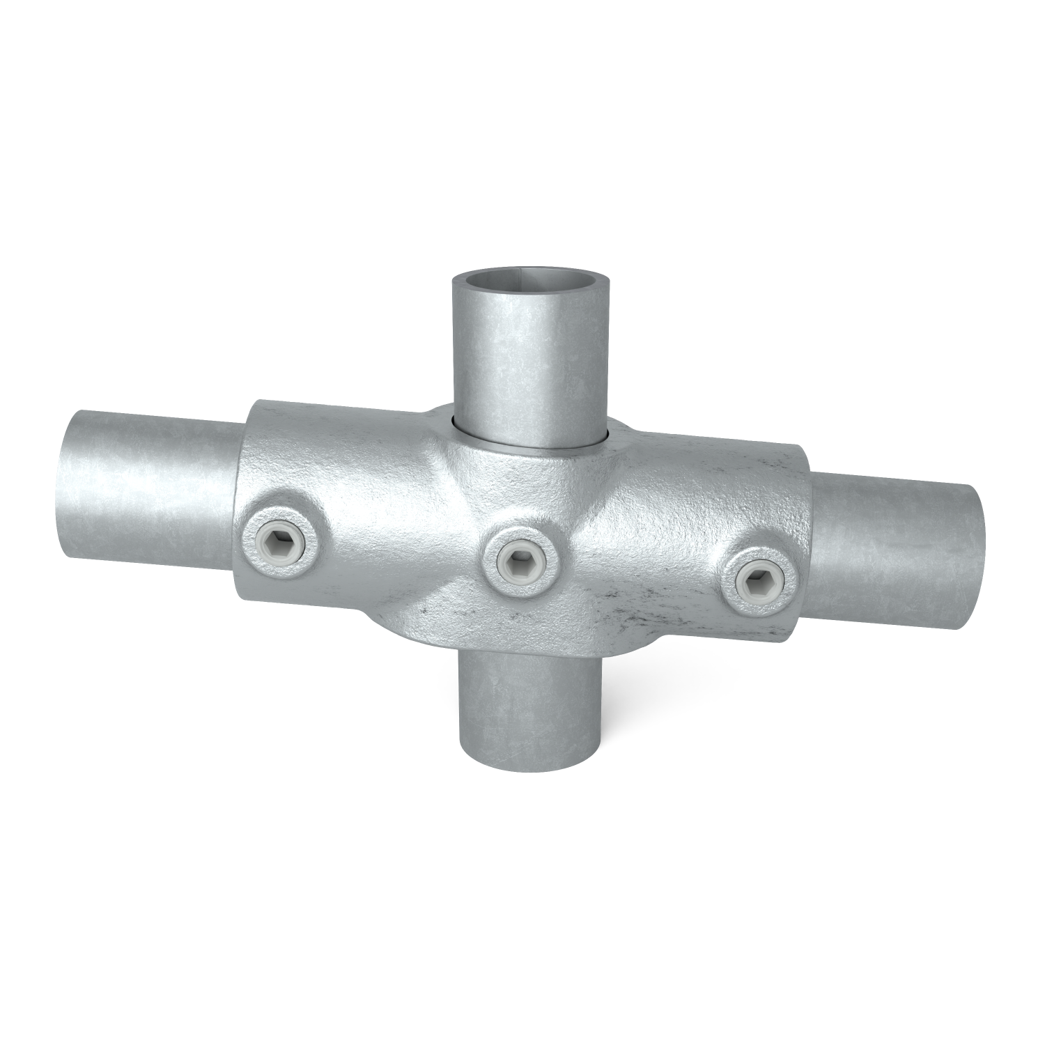 Rohrverbinder Kreuzstück in 1 Ebene 0 – 11º 33,7 mm - Vorderansicht mit Rohren (Rohr-verbinder.de)