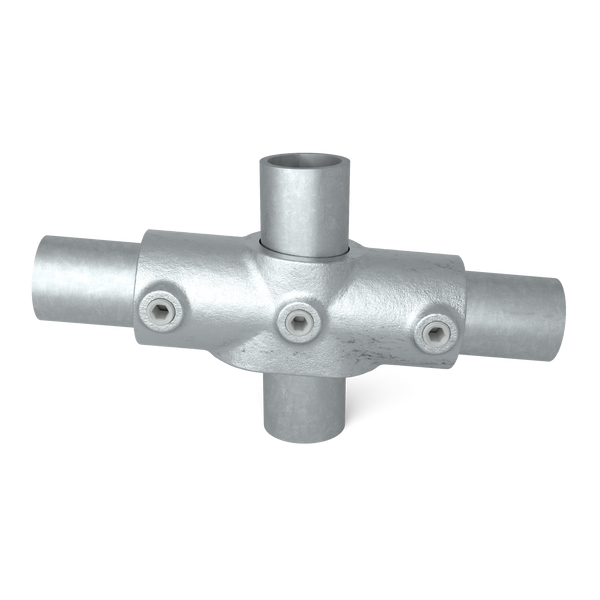 Rohrverbinder Kreuzstück in 1 Ebene 0 – 11º 42,4 mm - Vorderansicht mit Rohren (Rohr-verbinder.de)