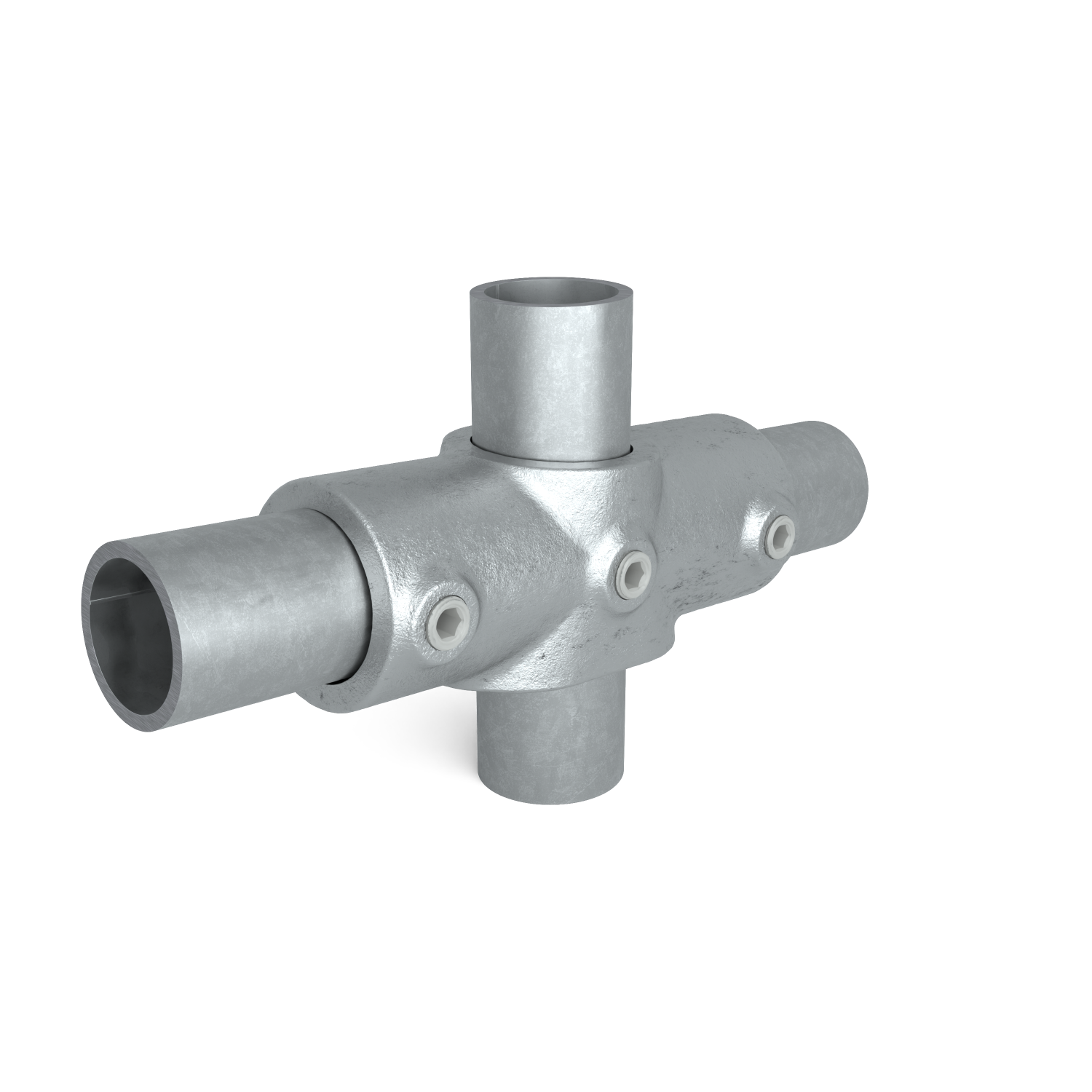 Rohrverbinder Kreuzstück in 1 Ebene 0 – 11º 48,3 mm - Schrägansicht mit Rohren (Rohr-verbinder.de)