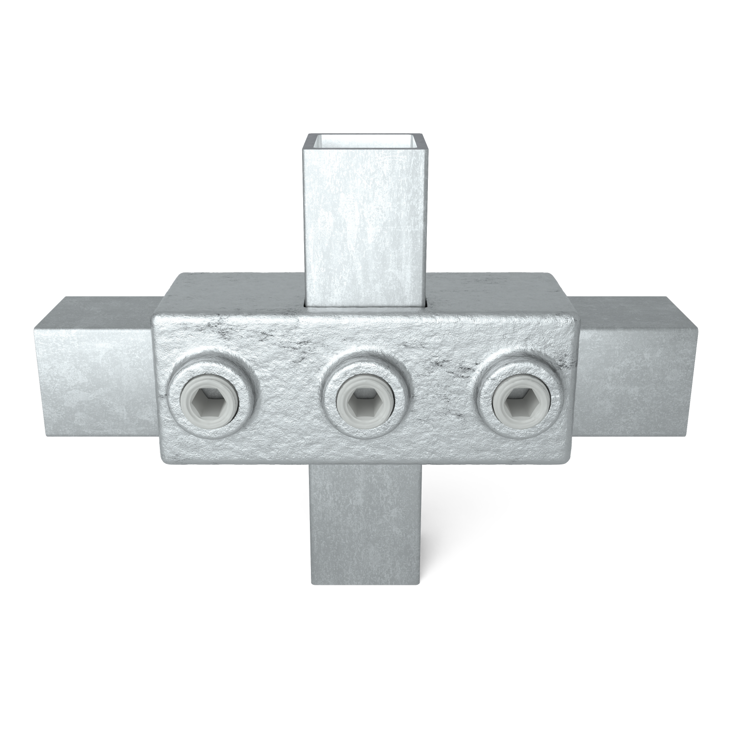 Rohrverbinder Kreuzstück in 1 Ebene 25 mm quadratisch - Vorderansicht mit Rohren (Rohr-verbinder.de)