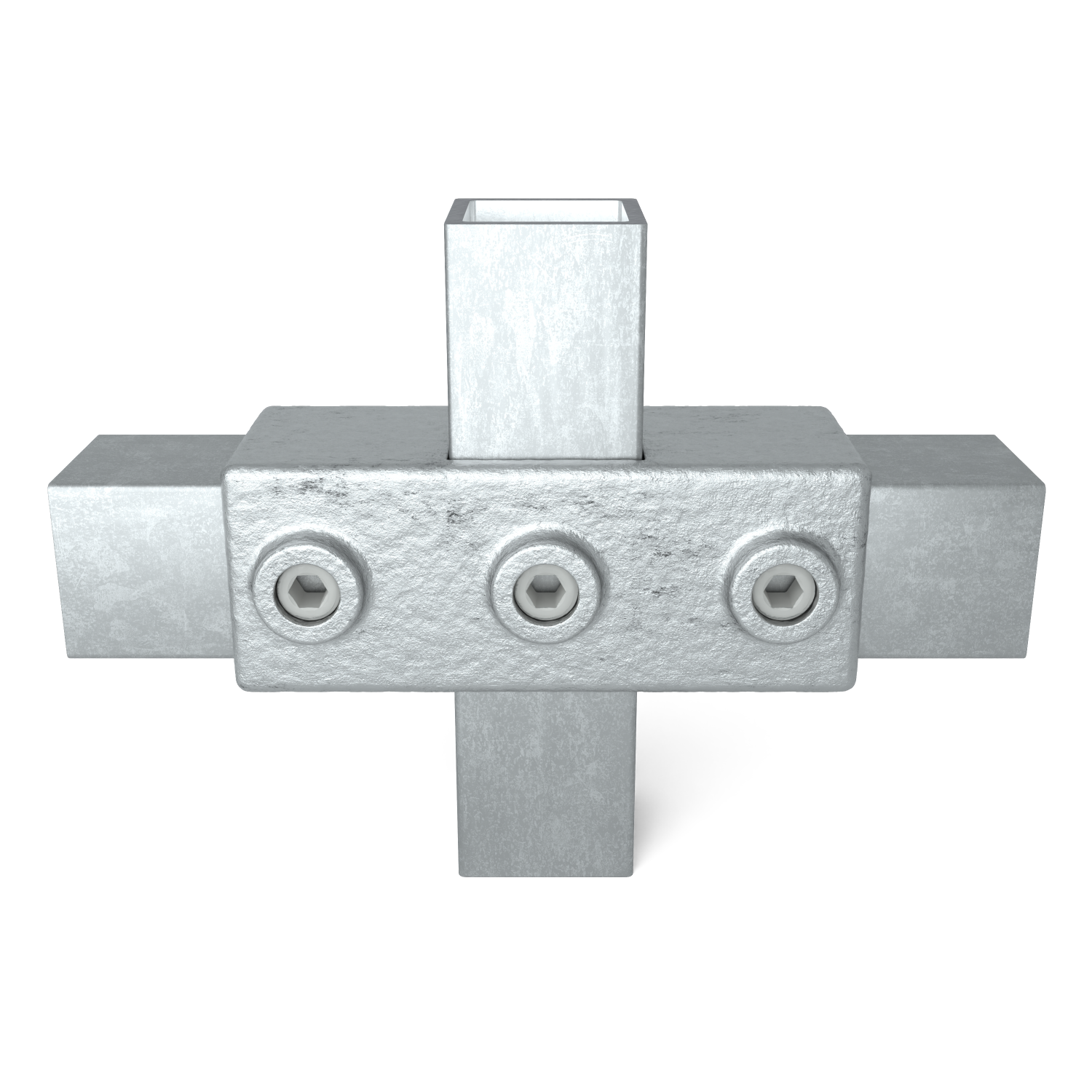 Rohrverbinder Kreuzstück in 1 Ebene 40 mm quadratisch - Vorderansicht mit Rohren (Rohr-verbinder.de)