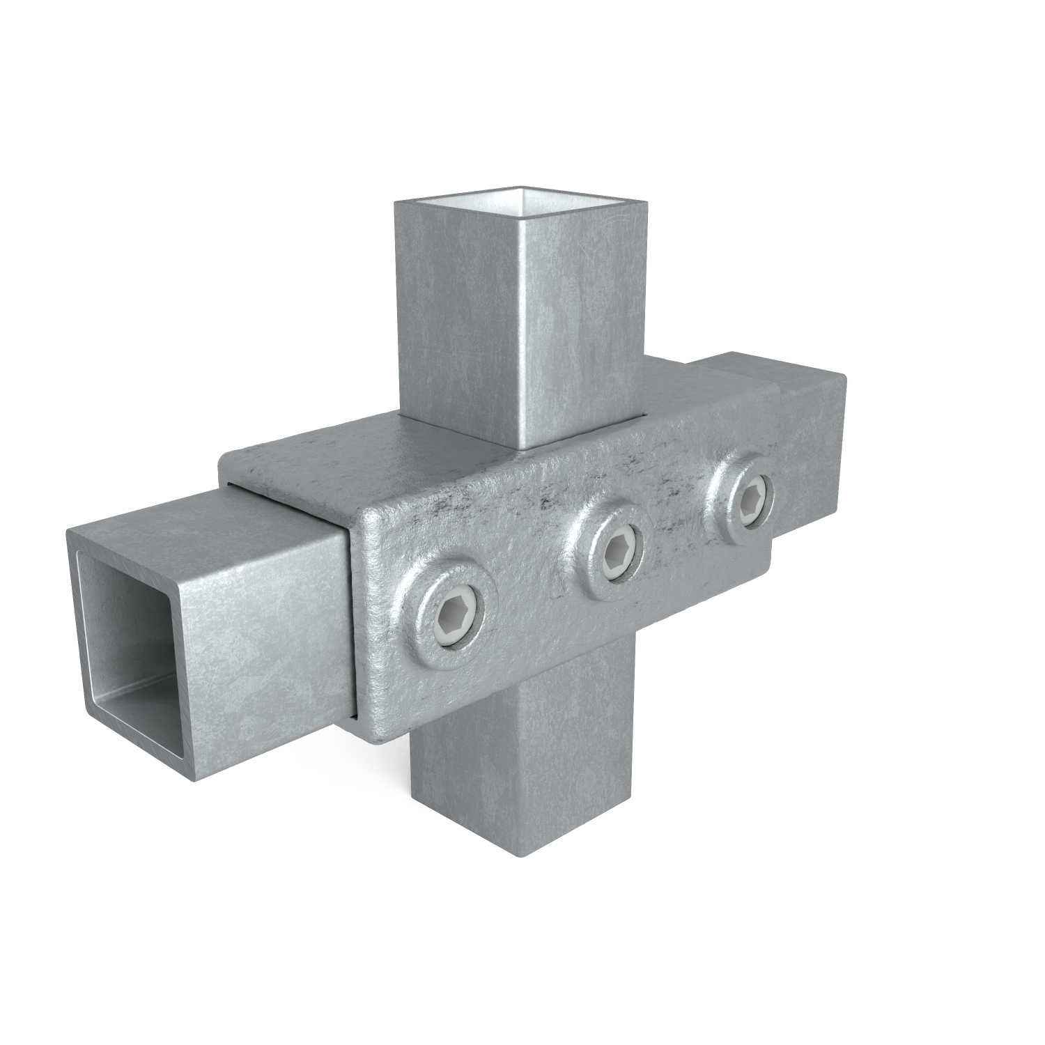 Rohrverbinder Kreuzstück in 1 Ebene 40 mm quadratisch - Schrägansicht mit Rohren (Rohr-verbinder.de)