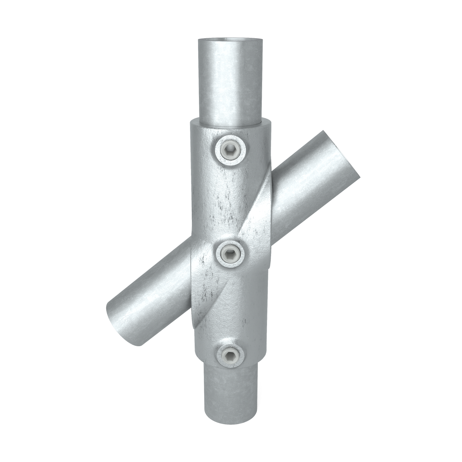 Rohrverbinder Kreuzstück 30-45º 33,7 mm - Vorderansicht mit Rohren (Rohr-verbinder.de)