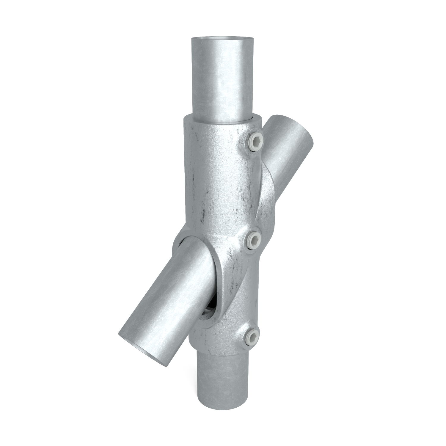 Rohrverbinder Kreuzstück 30-45º 42,4 mm - Schrägansicht mit Rohren (Rohr-verbinder.de)