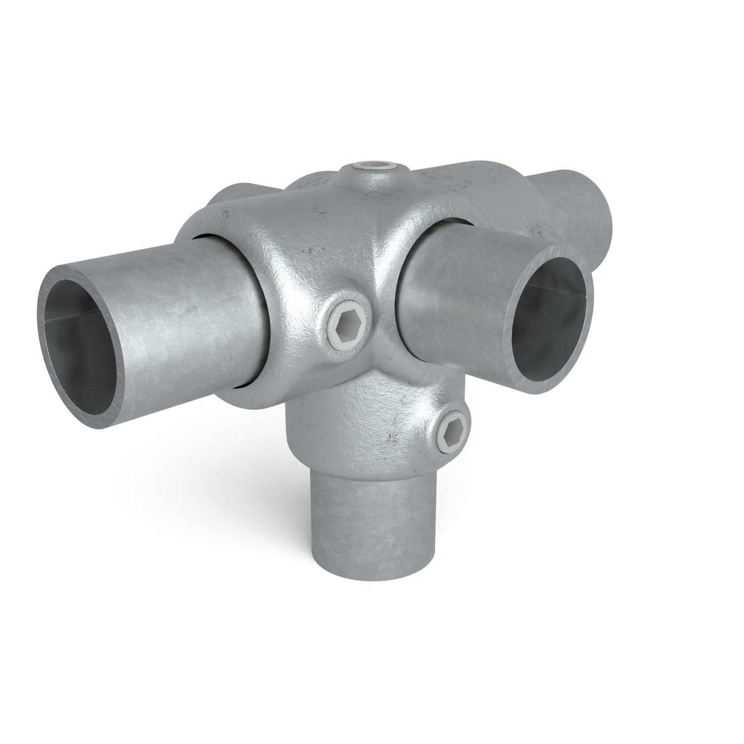 Rohrverbinder T-Stück für Stützrohr 42,4 mm - Schrägansicht mit Rohren (Rohr-verbinder.de)