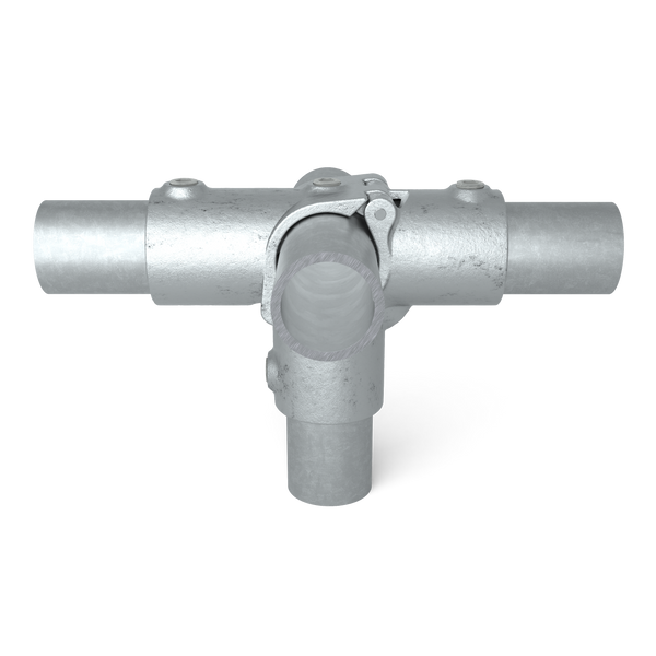 Rohrverbinder T-Stück für Stützrohr offen klappbar 48,3 mm - Vorderansicht mit Rohren (Rohr-verbinder.de)