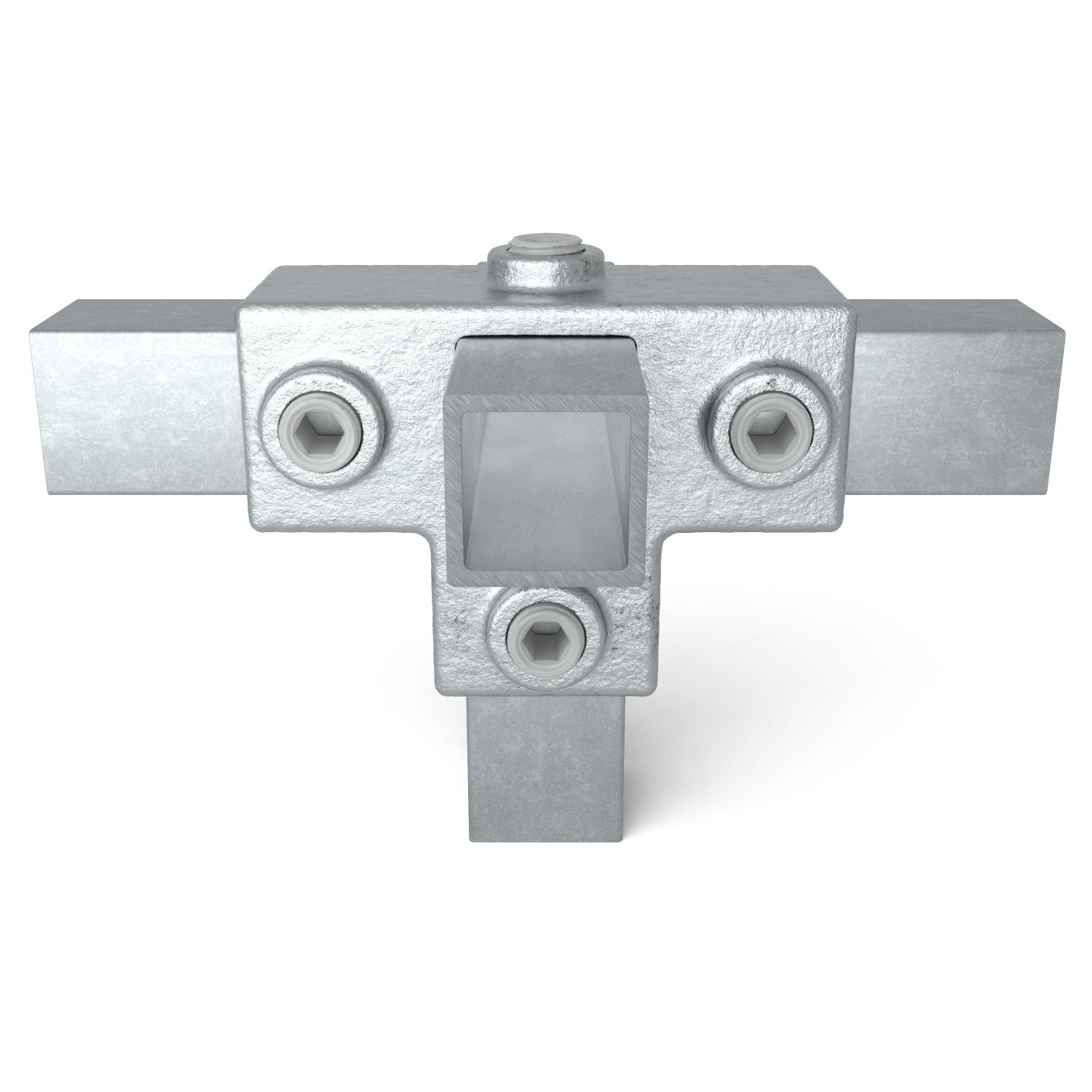 Rohrverbinder T-Stück für Stützrohr 25 mm quadratisch - Vorderansicht mit Rohren (Rohr-verbinder.de)