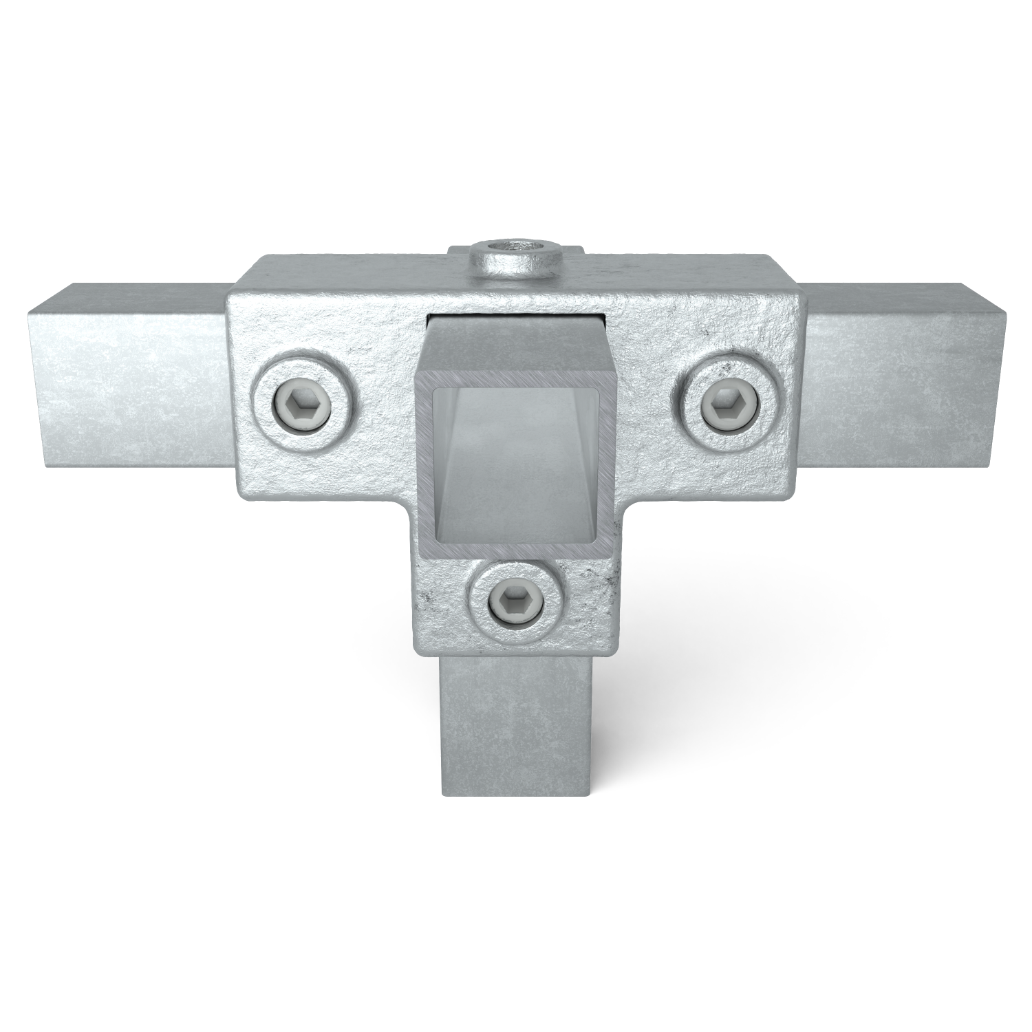 Rohrverbinder T-Stück für Stützrohr 40 mm quadratisch - Vorderansicht mit Rohren (Rohr-verbinder.de)