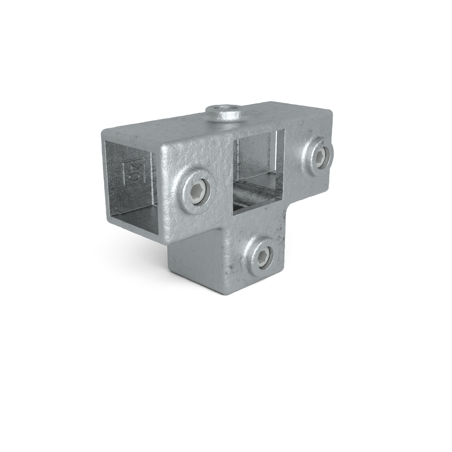 Rohrverbinder T-Stück für Stützrohr 40 mm quadratisch - Schrägansicht Rohrverbinder (Rohr-verbinder.de)
