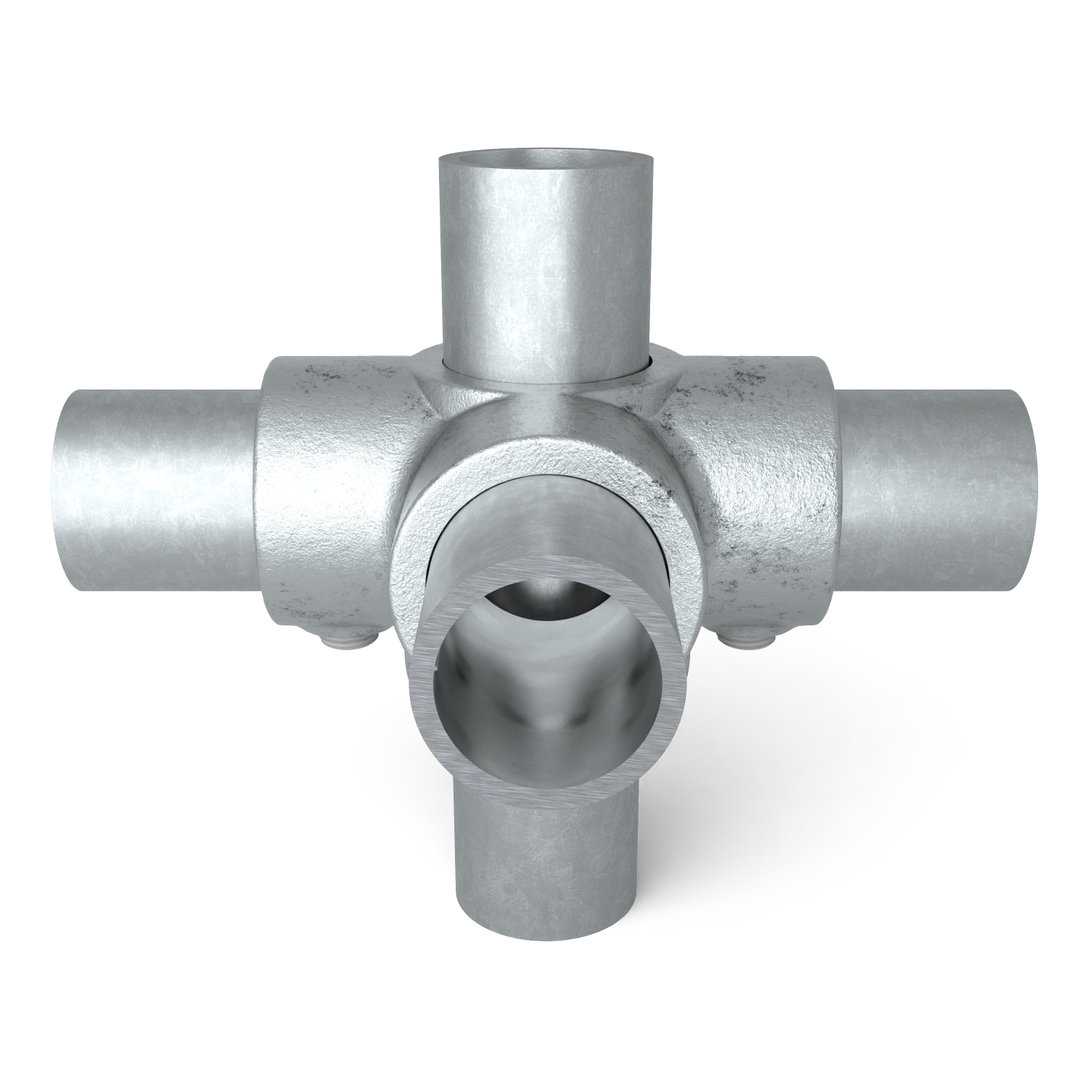 Rohrverbinder Kreuzstück für Stützrohr 60,3 mm - Vorderansicht mit Rohren (Rohr-verbinder.de)