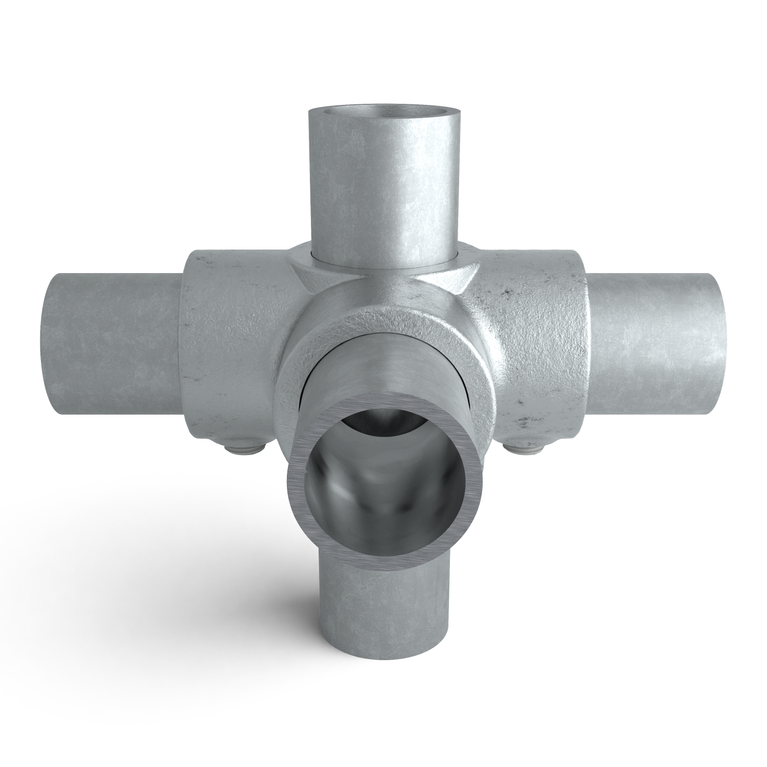 Rohrverbinder Kreuzstück für Stützrohr 60,3 mm - Seitenansicht mit Rohren (Rohr-verbinder.de)