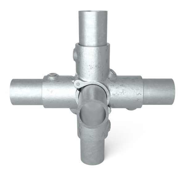 Rohrverbinder Kreuzstück für Stützrohr offen klappbar 48,3 mm - Vorderansicht mit Rohren (Rohr-verbinder.de)