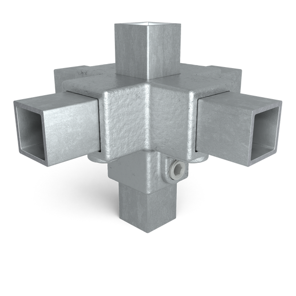 Rohrverbinder Kreuzstück für Stützrohr 25 mm quadratisch - Vorderansicht mit Rohren (Rohr-verbinder.de)