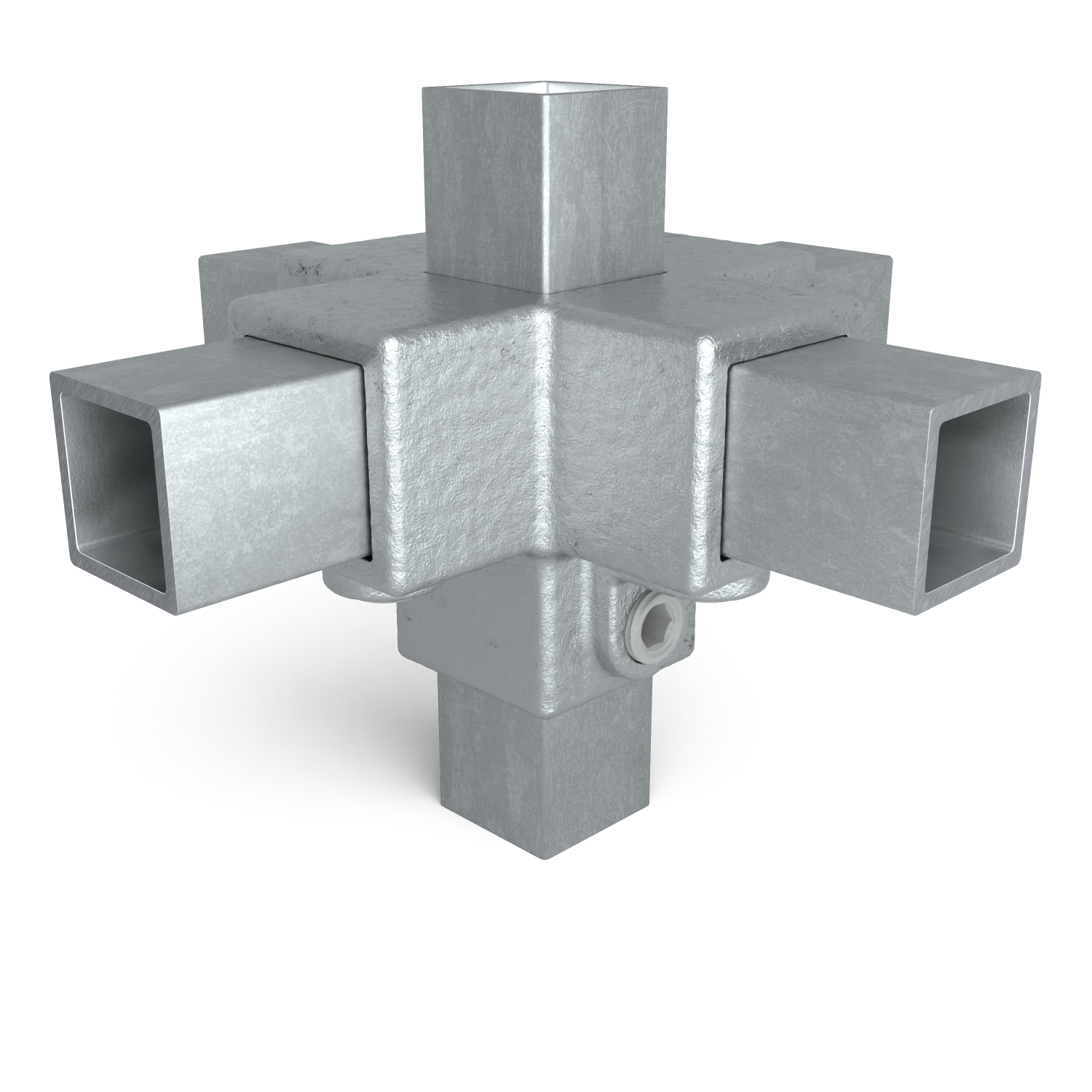 Rohrverbinder Kreuzstück für Stützrohr 25 mm quadratisch - Vorderansicht mit Rohren (Rohr-verbinder.de)
