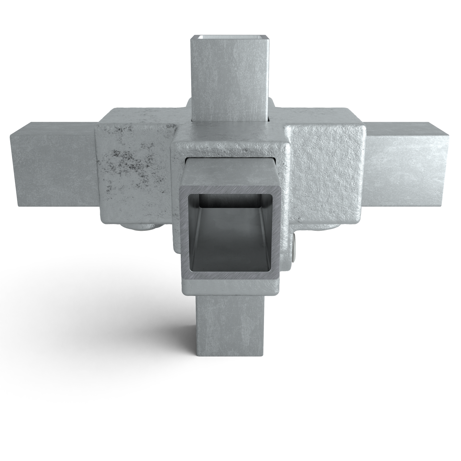 Rohrverbinder Kreuzstück für Stützrohr 25 mm quadratisch - Seitenansicht mit Rohren (Rohr-verbinder.de)
