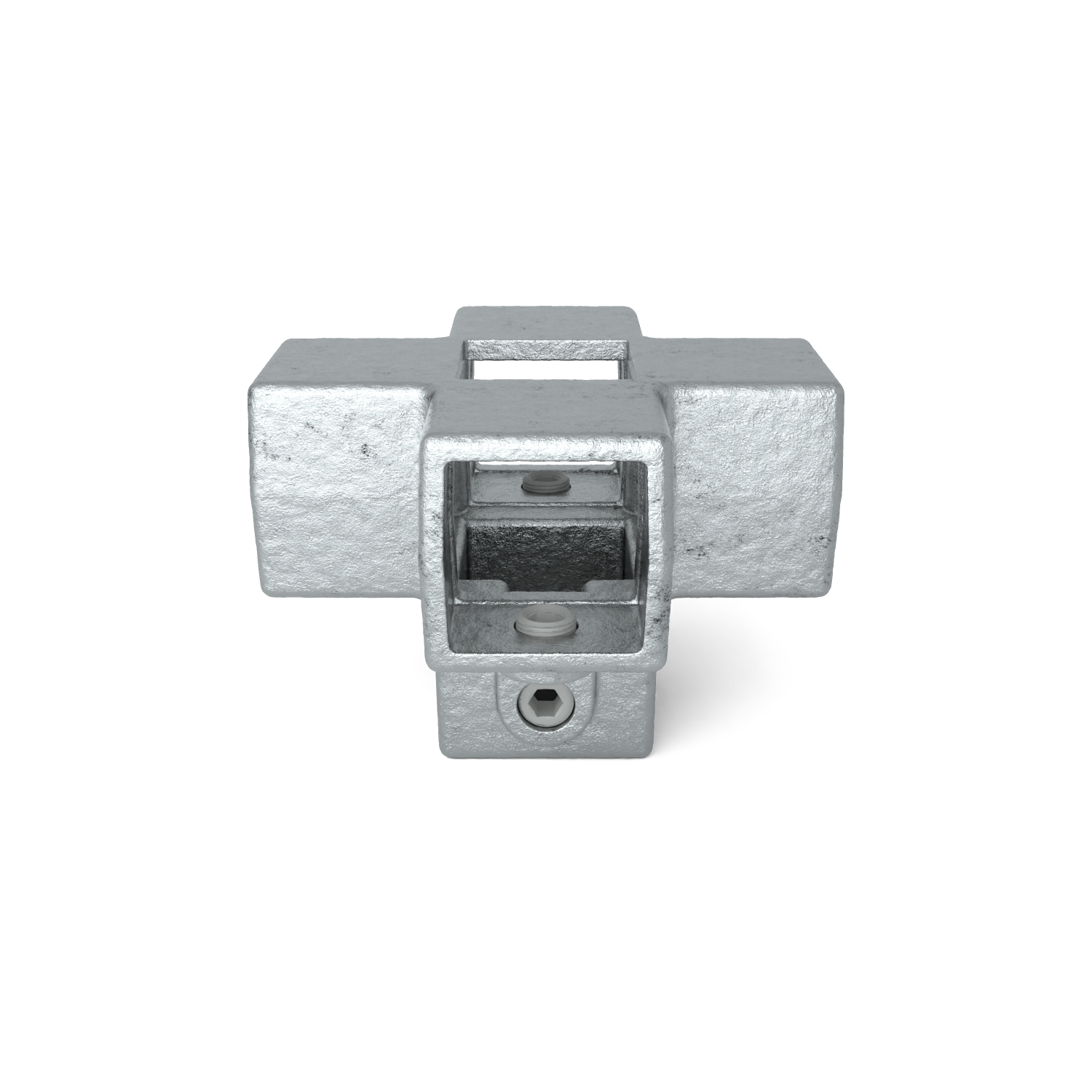 Rohrverbinder Kreuzstück für Stützrohr 40 mm quadratisch - Seitenansicht mit Rohren (Rohr-verbinder.de)