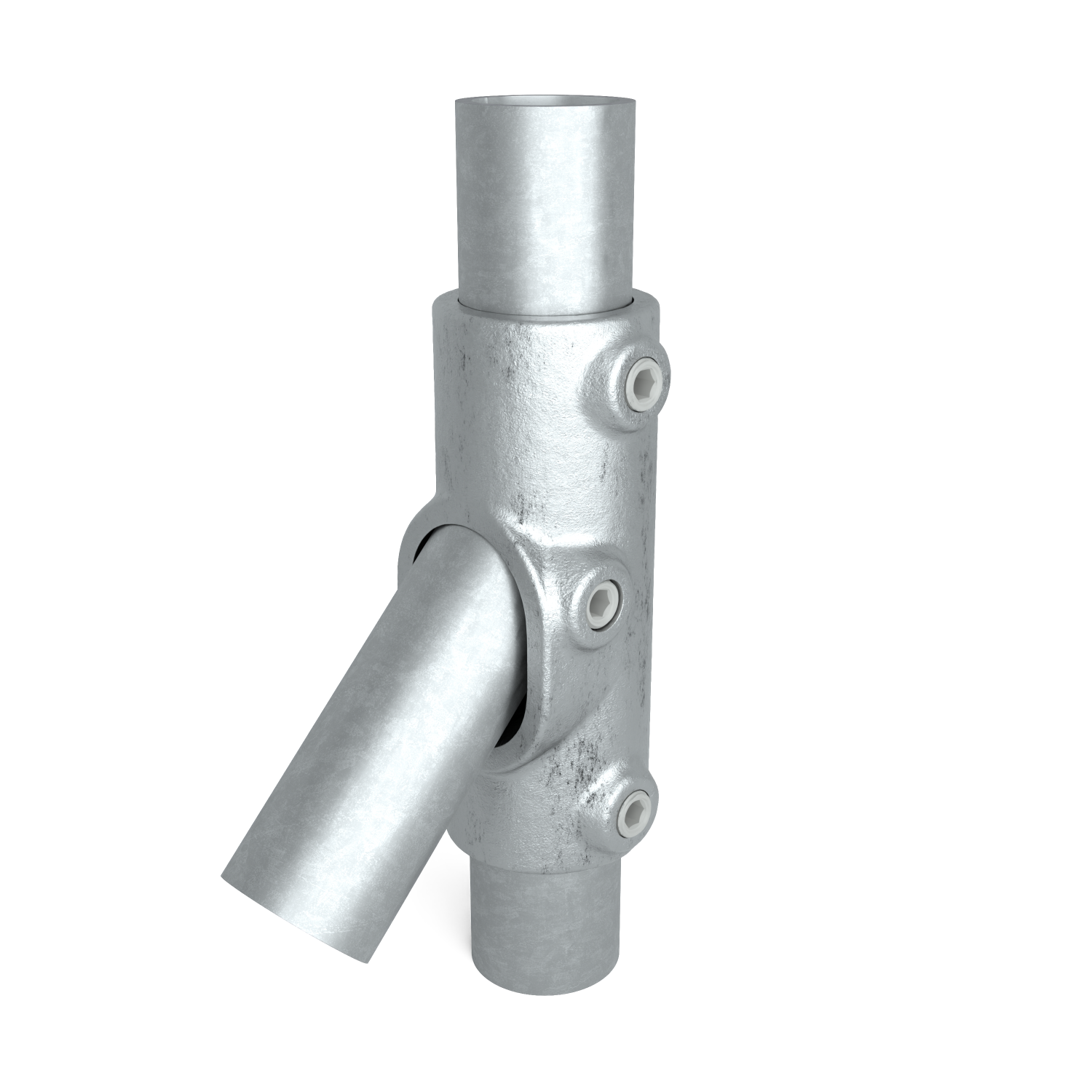 Rohrverbinder Handlaufbefestigung 30º - 45º 42,4 mm - Schrägansicht mit Rohren (Rohr-verbinder.de)