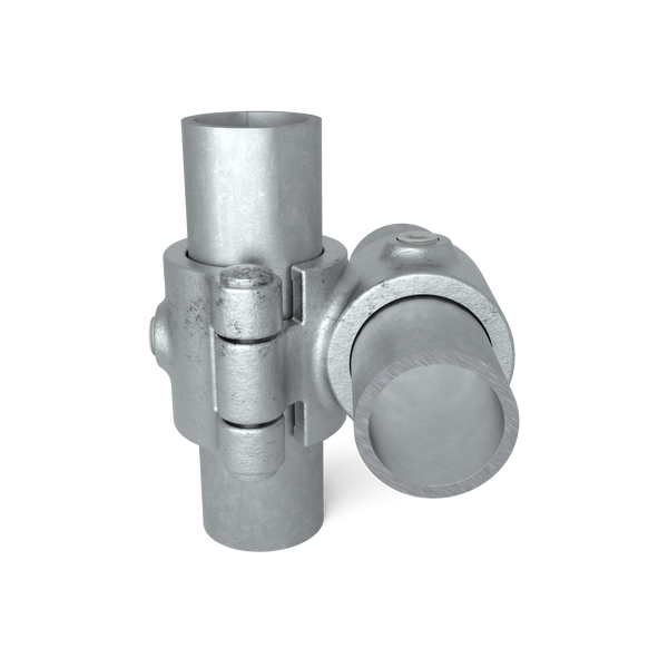 Rohrverbinder Kreuzstück 90º offen klappbar 42,4 mm - Vorderansicht mit Rohren (Rohr-verbinder.de)