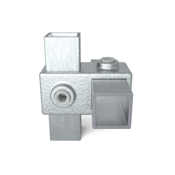 Rohrverbinder Kreuzstück 90º 25 mm quadratisch - Vorderansicht mit Rohren (Rohr-verbinder.de)