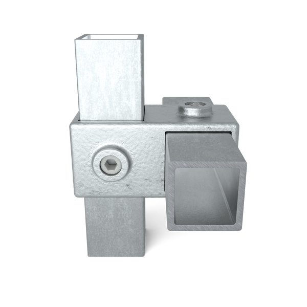 Rohrverbinder Kreuzstück 90º 40 mm quadratisch - Vorderansicht mit Rohren (Rohr-verbinder.de)