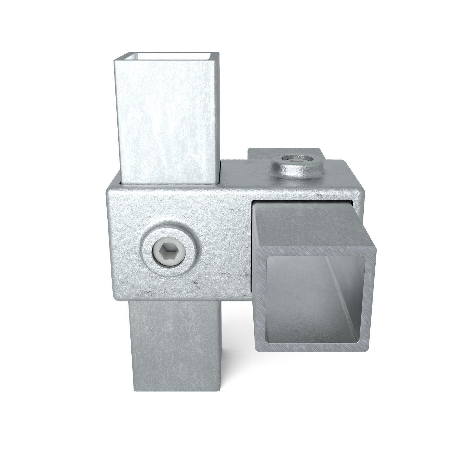 Rohrverbinder Kreuzstück 90º 40 mm quadratisch - Vorderansicht mit Rohren (Rohr-verbinder.de)