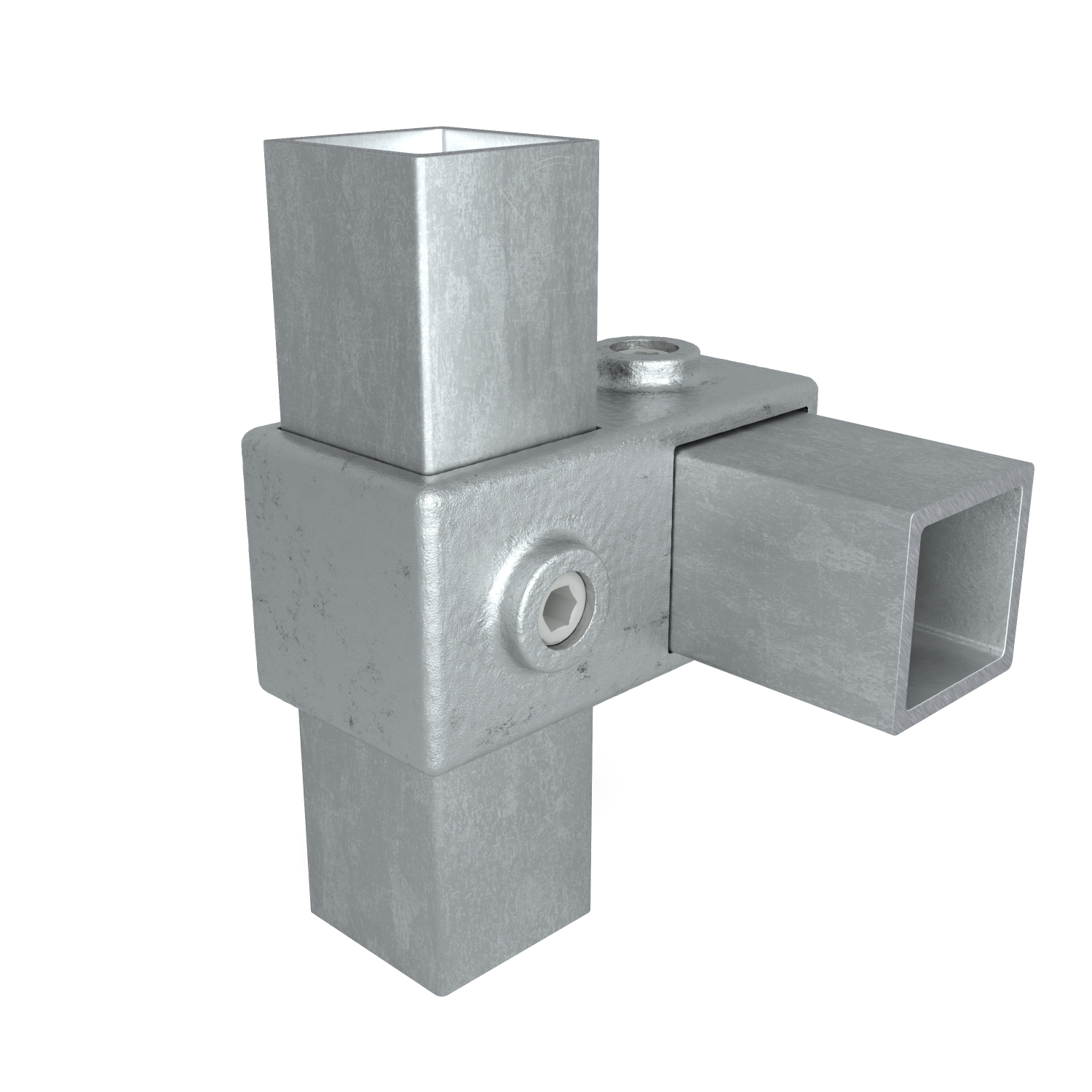 Rohrverbinder Kreuzstück 90º 40 mm quadratisch - Schrägansicht mit Rohren (Rohr-verbinder.de)