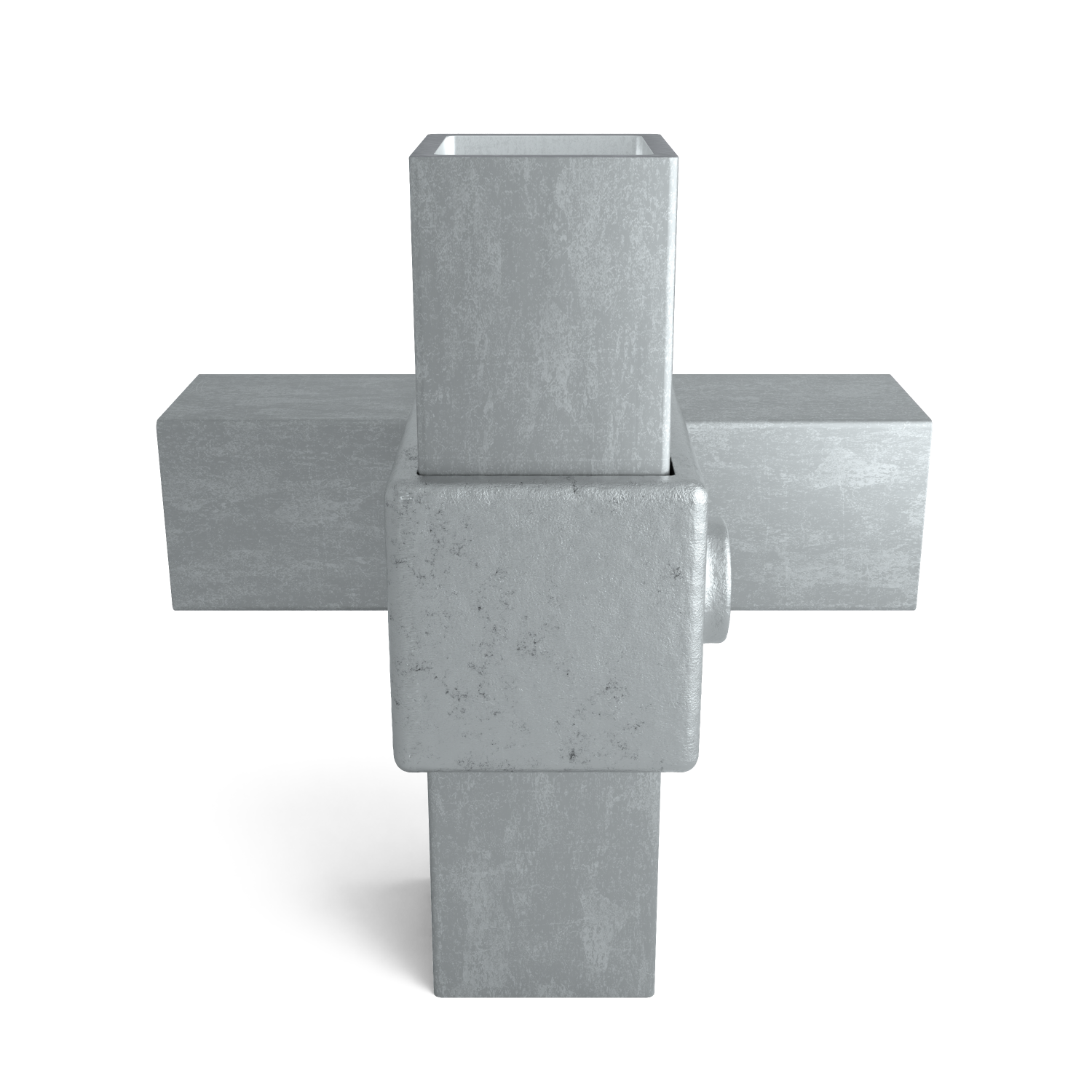 Rohrverbinder Kreuzstück 90º 40 mm quadratisch - Seitenansicht mit Rohren (Rohr-verbinder.de)