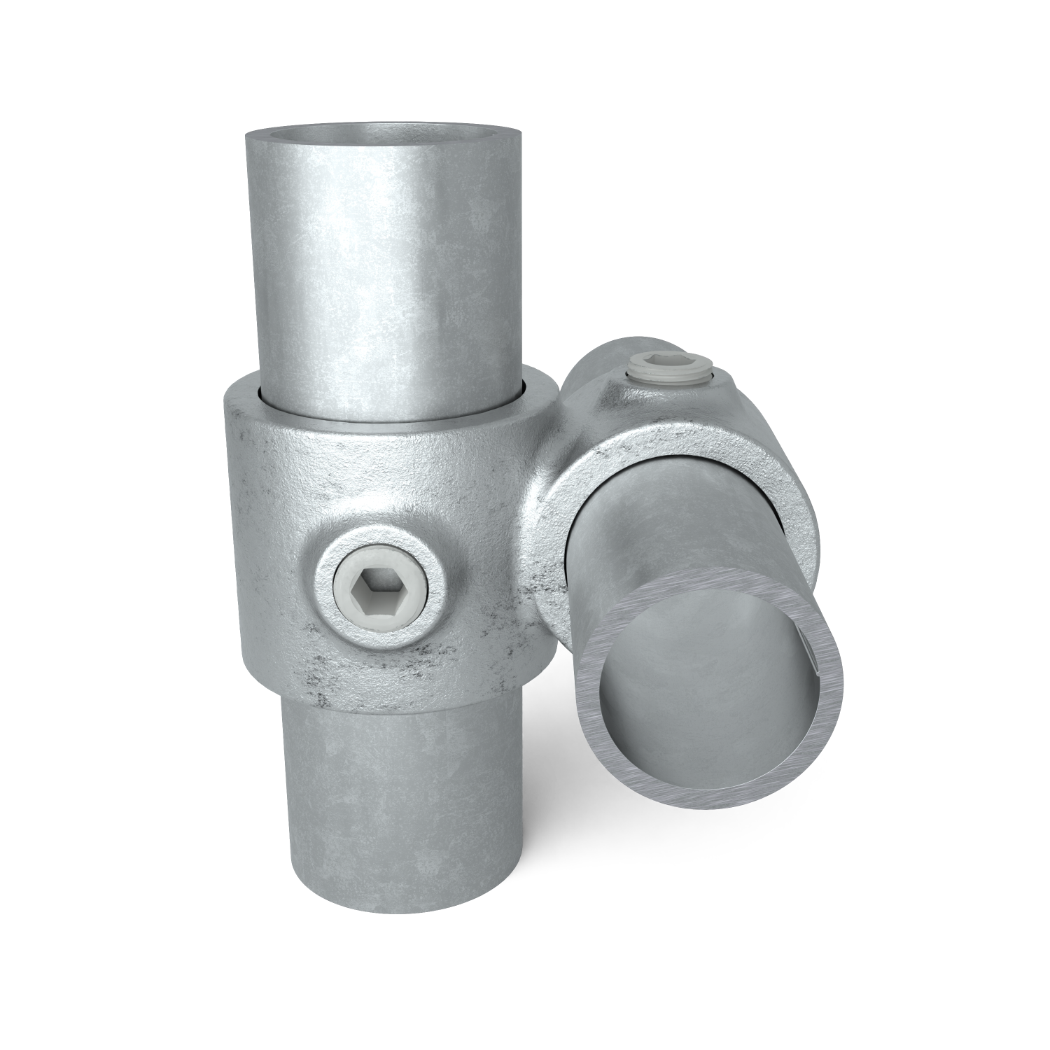 Rohrverbinder Kreuzstück 90º Kombinationsmaß 33,7 - 42,4 mm - Vorderansicht mit Rohren (Rohr-verbinder.de)