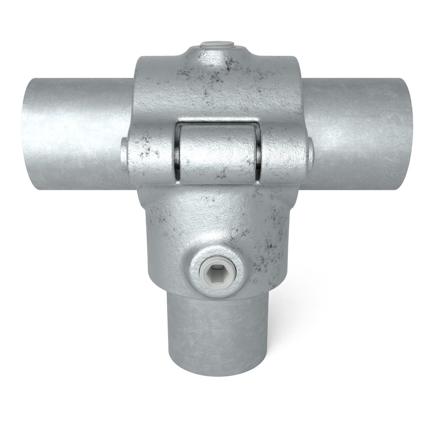 Rohrverbinder T-Stück offen klappbar 48,3 mm - Schrägansicht mit Rohren (Rohr-verbinder.de)