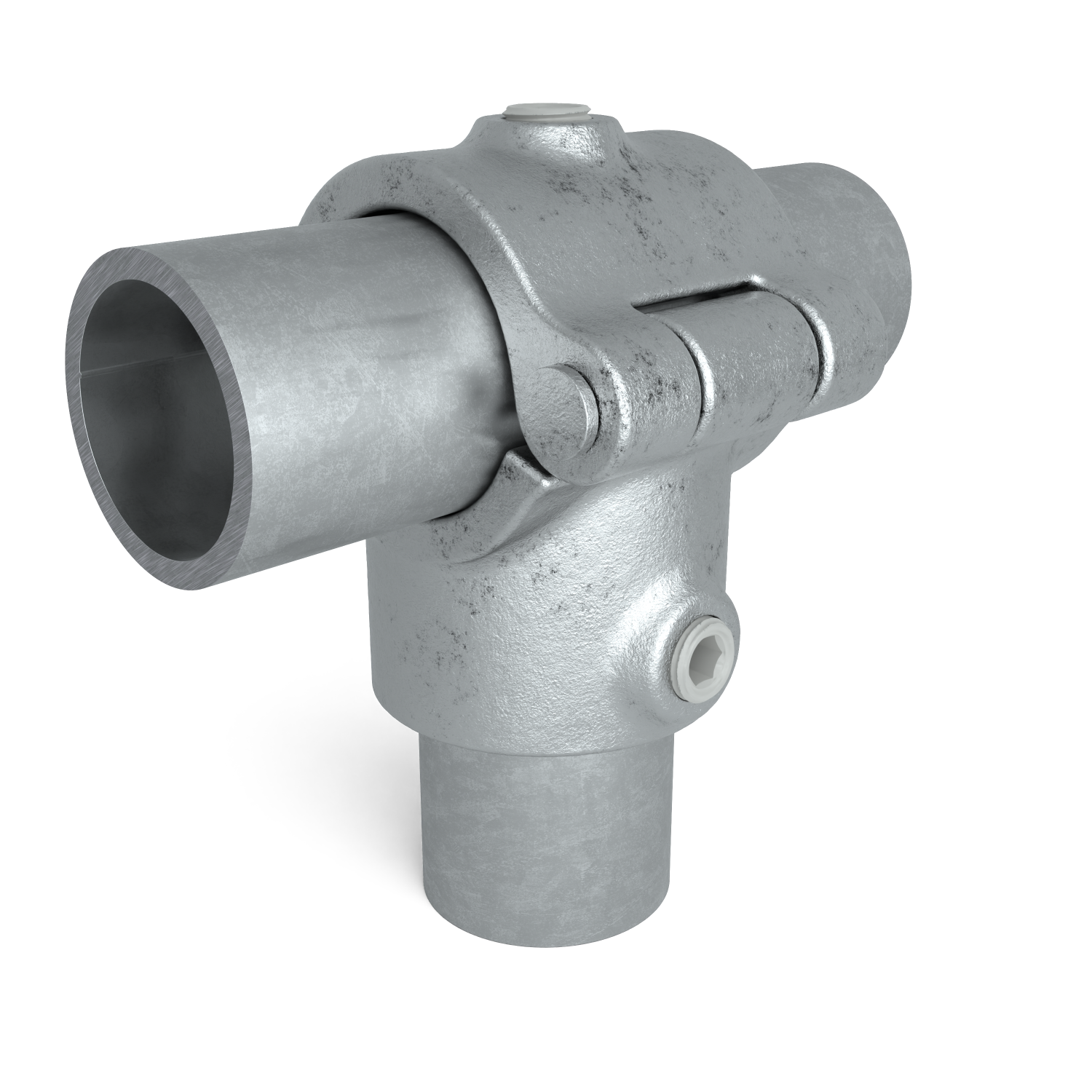 Rohrverbinder T-Stück offen klappbar 48,3 mm - Vorderansicht mit Rohren (Rohr-verbinder.de)