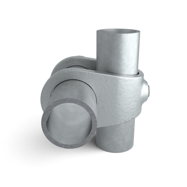 Rohrverbinder Kreuzstück offen 42,4 mm - Vorderansicht mit Rohren (Rohr-verbinder.de)