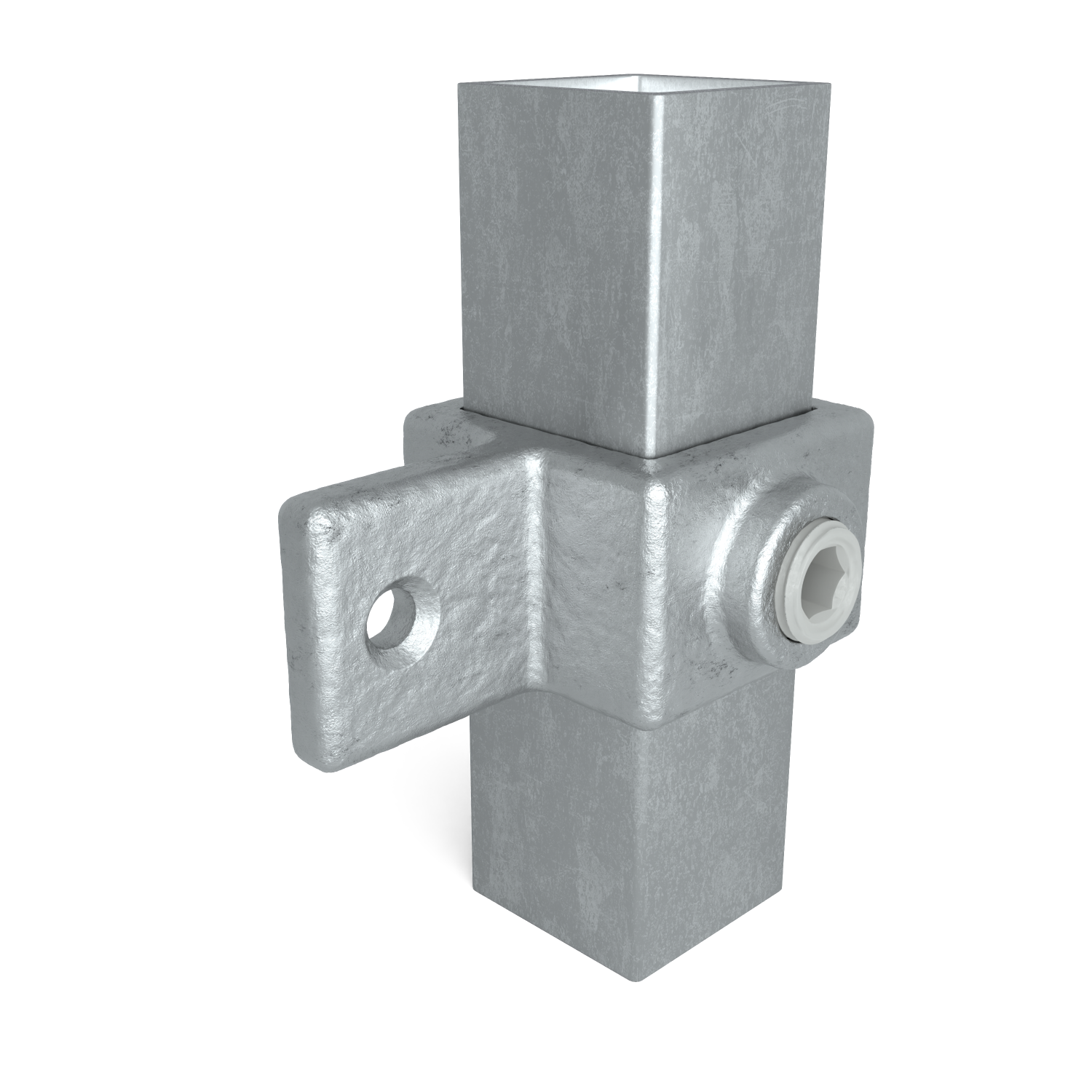 Rohrverbinder Gelenkauge 25 mm quadratisch - Schrägansicht mit Rohren (Rohr-verbinder.de)